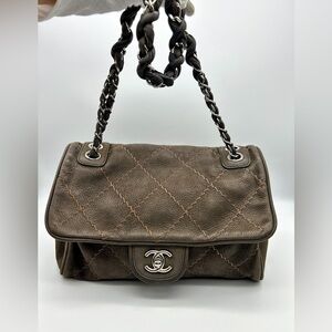 Chanel wild whipstitch flap bag grey suede silver hardware with card